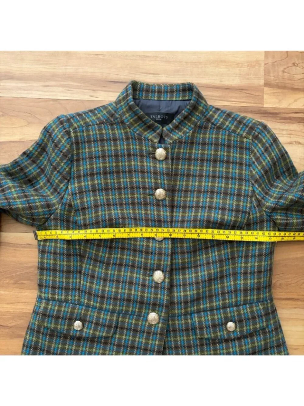 Talbots Shetland Officer Jacket 6P Green Plaid Wool Blend Gold Buttons